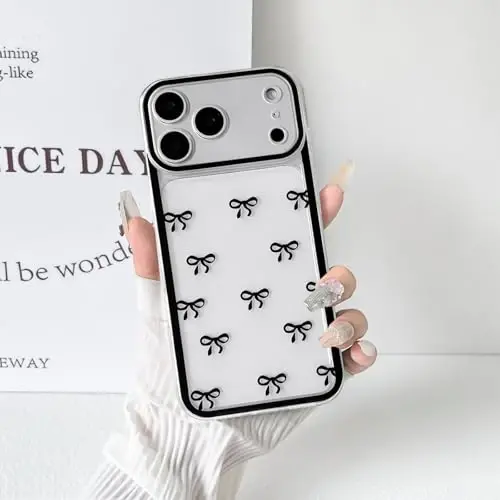 NITITOP iPhone 17 Pro uchun mos keladigan g'ilof, qizlar va ayollar uchun chiroyli shaffof chidamli lenta kamon naqshli, yumshoq TPU shaffof to'liq kamera linzalari zarbadan himoya qiluvchi telefon qopqog'i - qora - 5