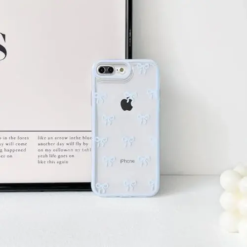 NITITOP Compatible with iPhone 7 Plus / 8 Plus Case Cute Clear Durable Ribbon Bowknot Pattern for Girls Women Soft TPU Transparent Full Camera Lens Shockproof Protective Phone Cover - Blue 