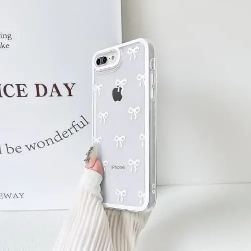 NITITOP Compatible with iPhone 7 Plus / 8 Plus Case Cute Clear Durable Ribbon Bowknot Pattern for Girls Women Soft TPU Transparent Full Camera Lens Shockproof Protective Phone Cover - White - 5