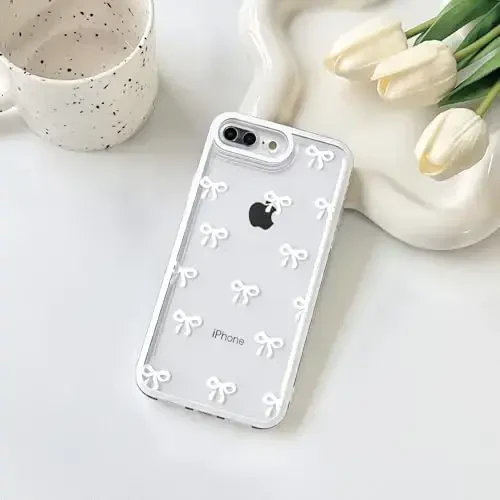 NITITOP iPhone 7 Plus / 8 Plus uchun mos keladigan Chexol Chiroyli Shaffof Bardoshli lenta Bowknot naqsh Qizlar Ayollar uchun Yumshoq TPU Shaffof To'liq Kamera linzalari Zarba o'tkazmaydigan Himoya Telefon qopqog'i - Oq - NITITOP (1)