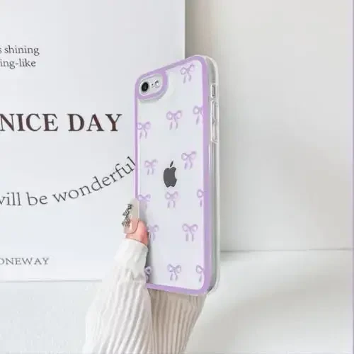 NITITOP Compatible for iPhone SE 2020 / SE 2022/7 / 8 Case Cute Clear Ribbon Bowknot Pattern for Girls Women Soft TPU Transparent Full Camera Lens Shockproof Protective Phone Cover - Purple - 5