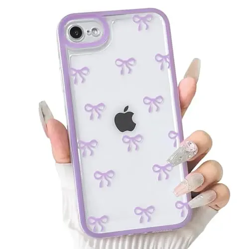 NITITOP Compatible for iPhone SE 2020 / SE 2022/7 / 8 Case Cute Clear Ribbon Bowknot Pattern for Girls Women Soft TPU Transparent Full Camera Lens Shockproof Protective Phone Cover - Purple - NITITOP
