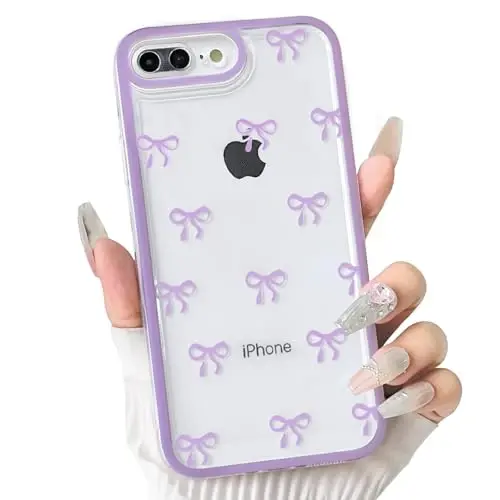 NITITOP Compatible for iPhone SE 2020 / SE 2022/7 / 8 Case Cute Clear Ribbon Bowknot Pattern for Girls Women Soft TPU Transparent Full Camera Lens Shockproof Protective Phone Cover - Purple 