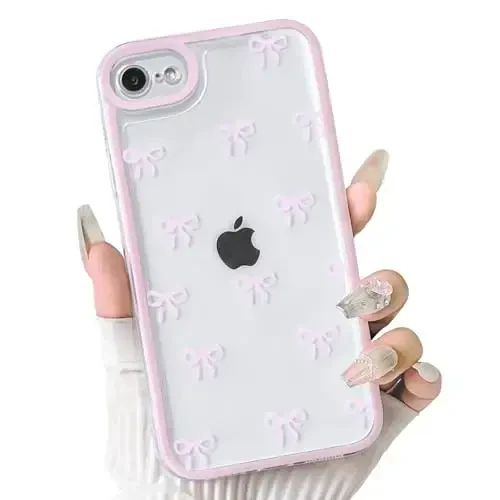 NITITOP Compatible for iPhone SE 2020 / SE 2022/7 / 8 Case Cute Clear Ribbon Bowknot Pattern for Girls Women Soft TPU Transparent Full Camera Lens Shockproof Protective Phone Cover - Pink - NITITOP
