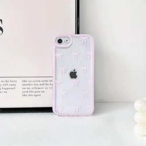 NITITOP Compatible for iPhone SE 2020 / SE 2022/7 / 8 Case Cute Clear Ribbon Bowknot Pattern for Girls Women Soft TPU Transparent Full Camera Lens Shockproof Protective Phone Cover - Pink - 4