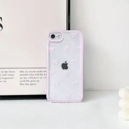 NITITOP Compatible for iPhone SE 2020 / SE 2022/7 / 8 Case Cute Clear Ribbon Bowknot Pattern for Girls Women Soft TPU Transparent Full Camera Lens Shockproof Protective Phone Cover - Pink - 4