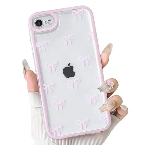 NITITOP Compatible for iPhone SE 2020 / SE 2022/7 / 8 Case Cute Clear Ribbon Bowknot Pattern for Girls Women Soft TPU Transparent Full Camera Lens Shockproof Protective Phone Cover - Pink - NITITOP