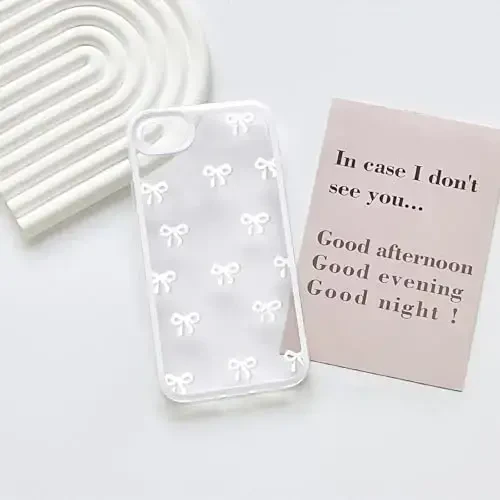 NITITOP Compatible for iPhone SE 2020 / SE 2022/7 / 8 Case Cute Clear Ribbon Bowknot Pattern for Girls Women Soft TPU Transparent Full Camera Lens Shockproof Protective Phone Cover - White - 3