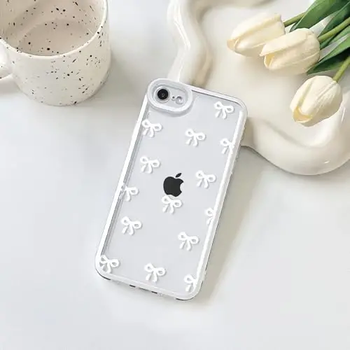 NITITOP Compatible for iPhone SE 2020 / SE 2022/7 / 8 Case Cute Clear Ribbon Bowknot Pattern for Girls Women Soft TPU Transparent Full Camera Lens Shockproof Protective Phone Cover - White - 2