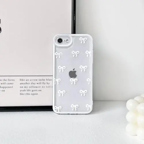 NITITOP Compatible for iPhone SE 2020 / SE 2022/7 / 8 Case Cute Clear Ribbon Bowknot Pattern for Girls Women Soft TPU Transparent Full Camera Lens Shockproof Protective Phone Cover - White - 4