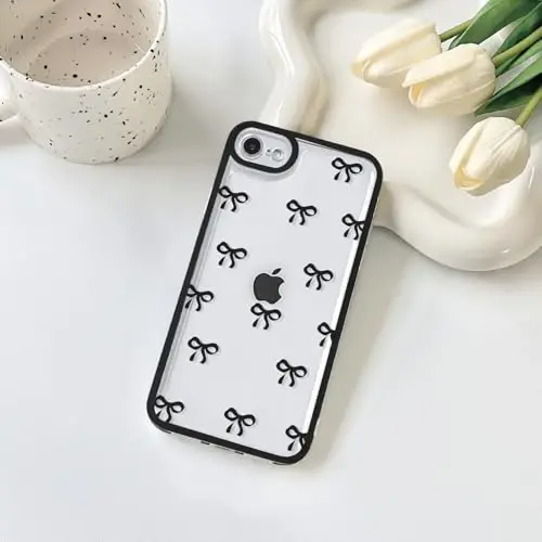 NITITOP Compatible for iPhone SE 2020 / SE 2022/7 / 8 Case Cute Clear Ribbon Bowknot Pattern for Girls Women Soft TPU Transparent Full Camera Lens Shockproof Protective Phone Cover - Black - 7