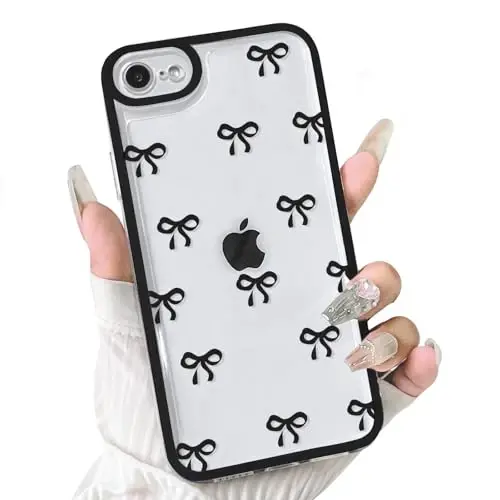 NITITOP Compatible for iPhone SE 2020 / SE 2022/7 / 8 Case Cute Clear Ribbon Bowknot Pattern for Girls Women Soft TPU Transparent Full Camera Lens Shockproof Protective Phone Cover - Black - 1