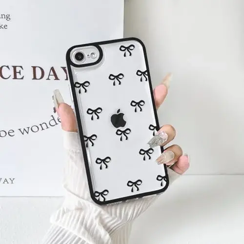 NITITOP Compatible for iPhone SE 2020 / SE 2022/7 / 8 Case Cute Clear Ribbon Bowknot Pattern for Girls Women Soft TPU Transparent Full Camera Lens Shockproof Protective Phone Cover - Black - 5