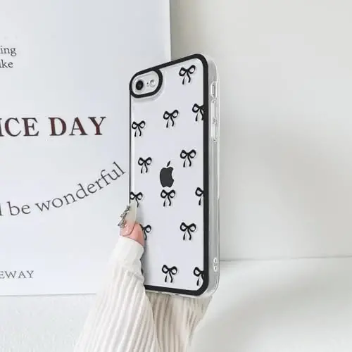 NITITOP Compatible for iPhone SE 2020 / SE 2022/7 / 8 Case Cute Clear Ribbon Bowknot Pattern for Girls Women Soft TPU Transparent Full Camera Lens Shockproof Protective Phone Cover - Black 