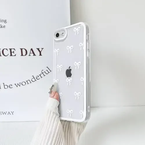 NITITOP iPhone SE 2020 / SE 2022/7 / 8 uchun g‘ilof Qizlar ayollar uchun yoqimli shaffof lenta kamon naqshli yumshoq TPU shaffof to‘liq kamera linzalari zarbaga chidamli himoya telefon qopqog‘i - Oq - 5