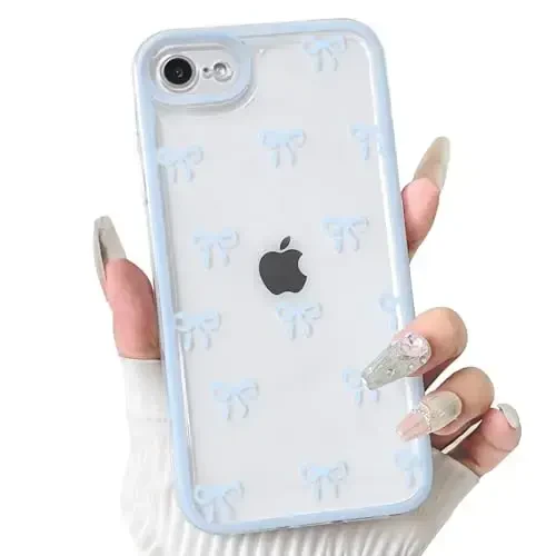 NITITOP iPhone SE 2020 / SE 2022/7 / 8 uchun g‘ilof, qizlar va ayollar uchun chiroyli shaffof lenta kamon naqshli, yumshoq TPU shaffof to‘liq kamera linzalari zarbadan himoya qiluvchi telefon qopqog‘i - ko‘k - 1