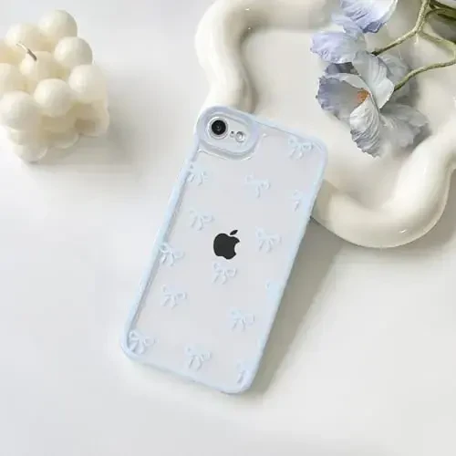 NITITOP iPhone SE 2020 / SE 2022/7 / 8 uchun g‘ilof, qizlar va ayollar uchun chiroyli shaffof lenta kamon naqshli, yumshoq TPU shaffof to‘liq kamera linzalari zarbadan himoya qiluvchi telefon qopqog‘i - ko‘k - 2