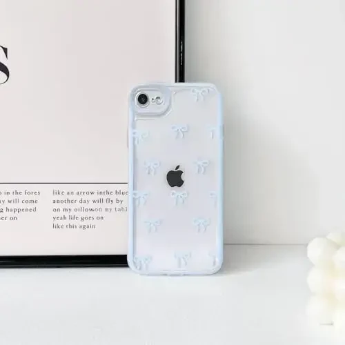 NITITOP iPhone SE 2020 / SE 2022/7 / 8 uchun g‘ilof, qizlar va ayollar uchun chiroyli shaffof lenta kamon naqshli, yumshoq TPU shaffof to‘liq kamera linzalari zarbadan himoya qiluvchi telefon qopqog‘i - ko‘k - 4