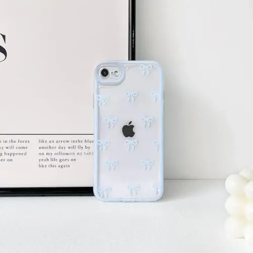 NITITOP iPhone SE 2020 / SE 2022/7 / 8 uchun g‘ilof, qizlar va ayollar uchun chiroyli shaffof lenta kamon naqshli, yumshoq TPU shaffof to‘liq kamera linzalari zarbadan himoya qiluvchi telefon qopqog‘i - ko‘k - 4