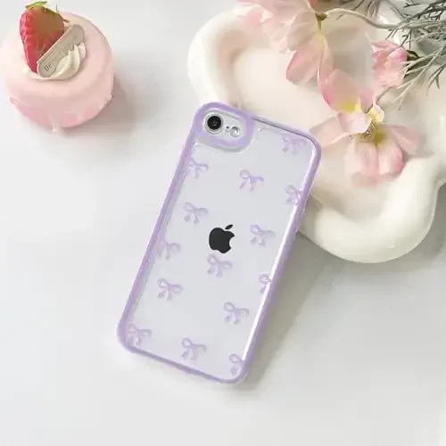 NITITOP iPhone SE 2020 / SE 2022/7 / 8 uchun mos keladigan g'ilof, qizlar va ayollar uchun chiroyli shaffof lenta kamon naqshli, yumshoq TPU shaffof to'liq kamera linzalari zarbga chidamli himoya telefon qopqog'i - binafsha - NITITOP (1)