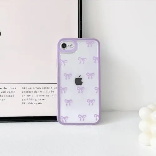 NITITOP iPhone SE 2020 / SE 2022/7 / 8 uchun mos keladigan g'ilof, qizlar va ayollar uchun chiroyli shaffof lenta kamon naqshli, yumshoq TPU shaffof to'liq kamera linzalari zarbga chidamli himoya telefon qopqog'i - binafsha - 4