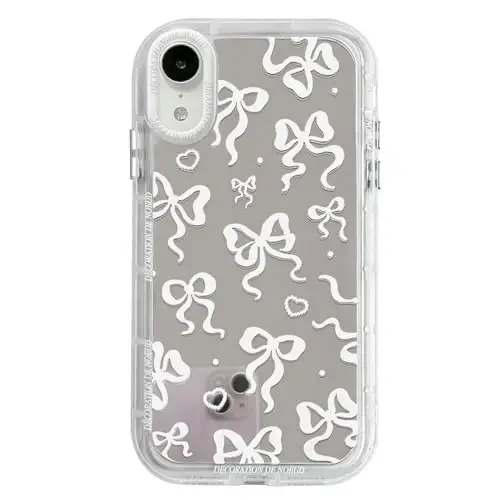 NITITOP Compatible with iPhone XR Case Cute Mirror Bow Pattern Love Heart for Women Girls Ribbon Design Shockproof Silver Protective Phone Cover - White Bow 