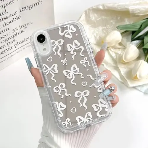 NITITOP Compatible with iPhone XR Case Cute Mirror Bow Pattern Love Heart for Women Girls Ribbon Design Shockproof Silver Protective Phone Cover - White Bow - 3