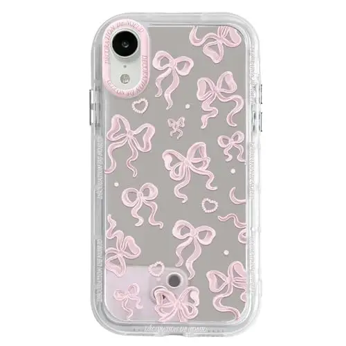 NITITOP Compatible with iPhone XR Case Cute Mirror Bow Pattern Love Heart for Women Girls Ribbon Design Shockproof Silver Protective Phone Cover - Light Pink Bow 