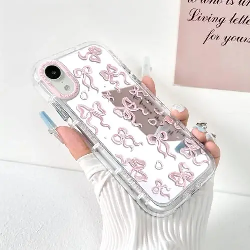 NITITOP Compatible with iPhone XR Case Cute Mirror Bow Pattern Love Heart for Women Girls Ribbon Design Shockproof Silver Protective Phone Cover - Light Pink Bow - NITITOP (1)