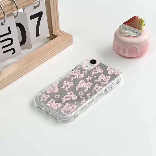 NITITOP Compatible with iPhone XR Case Cute Mirror Bow Pattern Love Heart for Women Girls Ribbon Design Shockproof Silver Protective Phone Cover - Light Pink Bow - 4
