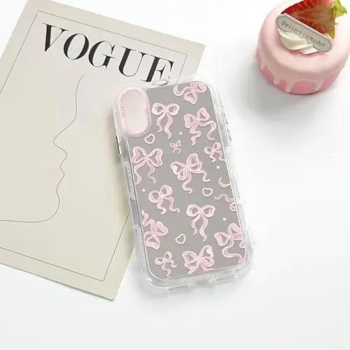 NITITOP Compatible for iPhone XR Case Cute Bow Knot - Light Pink | Aesthetics, Cute, Mirror Ribbon bow, Love heart, Vintage, For women girls, Soft TPU Case, Shockproof Protective, Waterproof 
