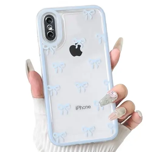 NITITOP Compatible with iPhone XR Case Cute Clear Durable Ribbon Bowknot Pattern for Girls Women Soft TPU Transparent Full Camera Lens Shockproof Protective Phone Cover - Blue - NITITOP