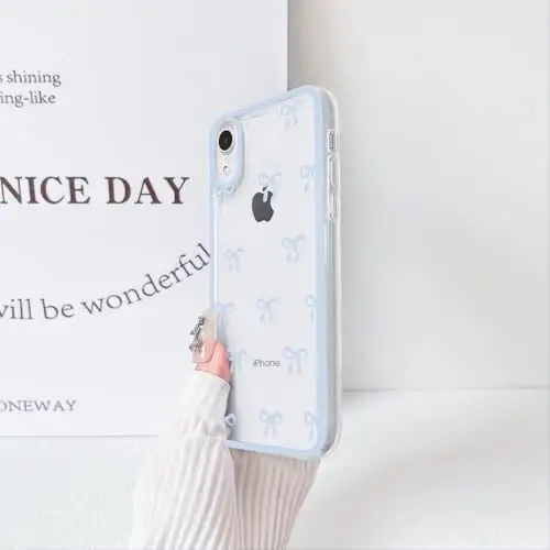 NITITOP Compatible with iPhone XR Case Cute Clear Durable Ribbon Bowknot Pattern for Girls Women Soft TPU Transparent Full Camera Lens Shockproof Protective Phone Cover - Blue - 5