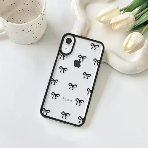 NITITOP Compatible with iPhone XR Case Cute Clear Durable Ribbon Bowknot Pattern for Girls Women Soft TPU Transparent Full Camera Lens Shockproof Protective Phone Cover - Black - 2
