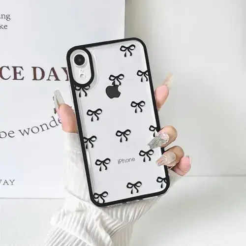 NITITOP Compatible with iPhone XR Case Cute Clear Durable Ribbon Bowknot Pattern for Girls Women Soft TPU Transparent Full Camera Lens Shockproof Protective Phone Cover - Black - 8