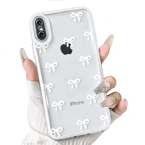 NITITOP Compatible with iPhone XR Case Cute Clear Durable Ribbon Bowknot Pattern for Girls Women Soft TPU Transparent Full Camera Lens Shockproof Protective Phone Cover - White 