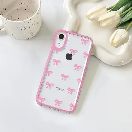 NITITOP Compatible with iPhone XR Case Cute Clear Durable Ribbon Bowknot Pattern for Girls Women Soft TPU Transparent Full Camera Lens Shockproof Protective Phone Cover - Rose Red - 2