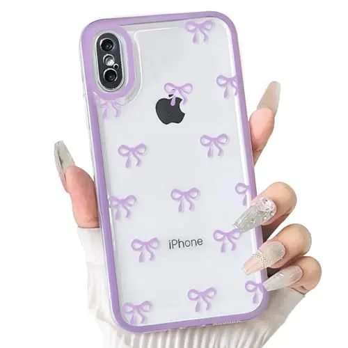 NITITOP Compatible with iPhone XR Case Cute Clear Durable Ribbon Bowknot Pattern for Girls Women Soft TPU Transparent Full Camera Lens Shockproof Protective Phone Cover - Purple 