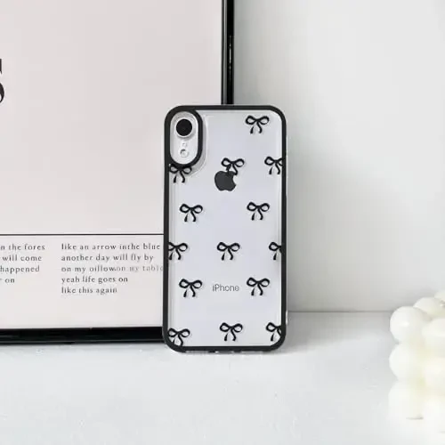 NITITOP iPhone XR uchun g'ilof, chiroyli tiniq bardoshli lenta kamonli naqsh qizlar ayollar uchun yumshoq TPU shaffof to'liq kamera linzalari zarbga chidamli himoya telefon qopqog'i - qora - 4