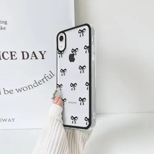 NITITOP iPhone XR uchun g'ilof, chiroyli tiniq bardoshli lenta kamonli naqsh qizlar ayollar uchun yumshoq TPU shaffof to'liq kamera linzalari zarbga chidamli himoya telefon qopqog'i - qora - 6