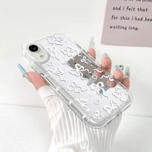 NITITOP iPhone XR uchun mos keladigan g'ilof Chiroyli oyna kamon naqshli Ayollar qizlar uchun lenta dizayni Zarbadan himoya qiluvchi kumush himoya telefon qopqog'i - Oq kamon - 2