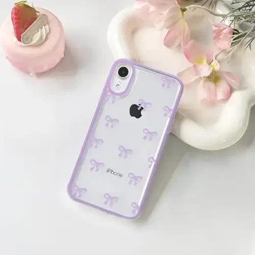 NITITOP iPhone XR uchun mos keladigan g'ilof Chiroyli shaffof chidamli lenta kamon naqshli qizlar ayollar uchun yumshoq TPU shaffof to'liq kamera linzalari zarbga chidamli himoya telefon qopqog'i - Binafsha - NITITOP (1)