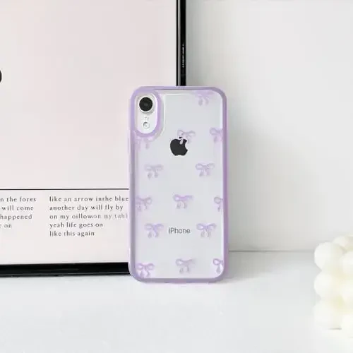 NITITOP iPhone XR uchun mos keladigan g'ilof Chiroyli shaffof chidamli lenta kamon naqshli qizlar ayollar uchun yumshoq TPU shaffof to'liq kamera linzalari zarbga chidamli himoya telefon qopqog'i - Binafsha - 4