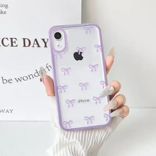 NITITOP iPhone XR uchun mos keladigan g'ilof Chiroyli shaffof chidamli lenta kamon naqshli qizlar ayollar uchun yumshoq TPU shaffof to'liq kamera linzalari zarbga chidamli himoya telefon qopqog'i - Binafsha - 7