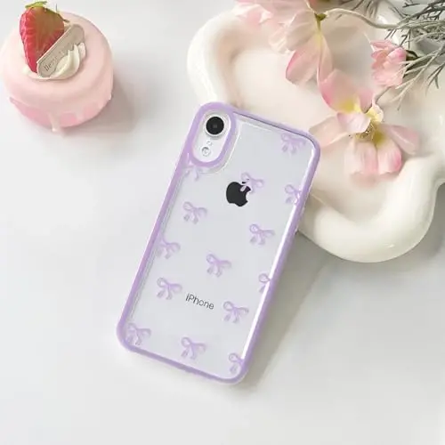 NITITOP iPhone XR uchun mos keladigan g'ilof Chiroyli shaffof chidamli lenta kamon naqshli qizlar ayollar uchun yumshoq TPU shaffof to'liq kamera linzalari zarbga chidamli himoya telefon qopqog'i - Binafsha - 2