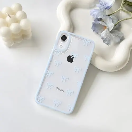 NITITOP iPhone XR uchun mos keladigan g'ilof Chiroyli tiniq chidamli lenta kamon naqshli qizlar ayollar uchun yumshoq TPU shaffof to'liq kamera linzalari zarbga chidamli himoya telefon qopqog'i - Moviy - 2