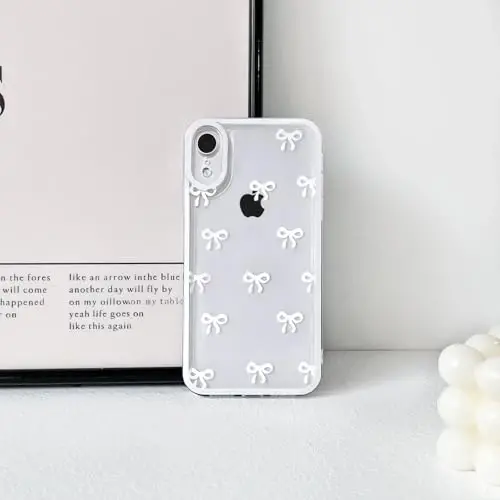 NITITOP iPhone XR uchun mos keladigan g'ilof Qizlar uchun yoqimli tiniq chidamli lenta kamonchasi naqshli ayollar Yumshoq TPU shaffof to'liq kamera linzalari zarbaga chidamli himoya telefon qopqog'i - Oq - 4