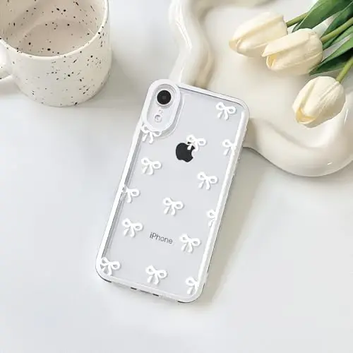 NITITOP iPhone XR uchun mos keladigan g'ilof Qizlar uchun yoqimli tiniq chidamli lenta kamonchasi naqshli ayollar Yumshoq TPU shaffof to'liq kamera linzalari zarbaga chidamli himoya telefon qopqog'i - Oq - NITITOP (1)