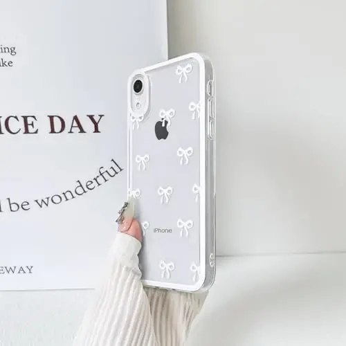NITITOP iPhone XR uchun mos keladigan g'ilof Qizlar uchun yoqimli tiniq chidamli lenta kamonchasi naqshli ayollar Yumshoq TPU shaffof to'liq kamera linzalari zarbaga chidamli himoya telefon qopqog'i - Oq - 5