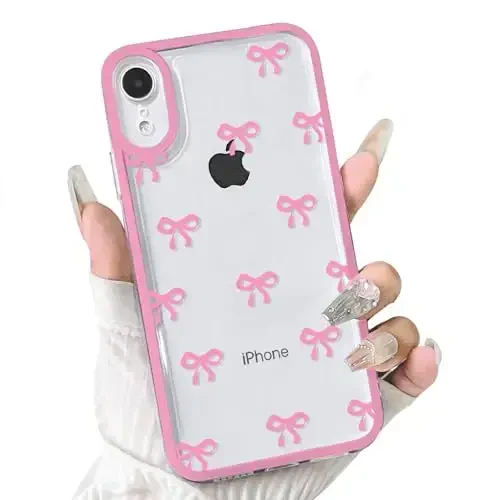 NITITOP iPhone XR uchun mos keladigan g'ilof, qizlar va ayollar uchun chiroyli shaffof chidamli lenta kamon naqshli, yumshoq TPU shaffof to'liq kamera linzali zarbga chidamli himoya telefon qopqog'i - och qizil - 1